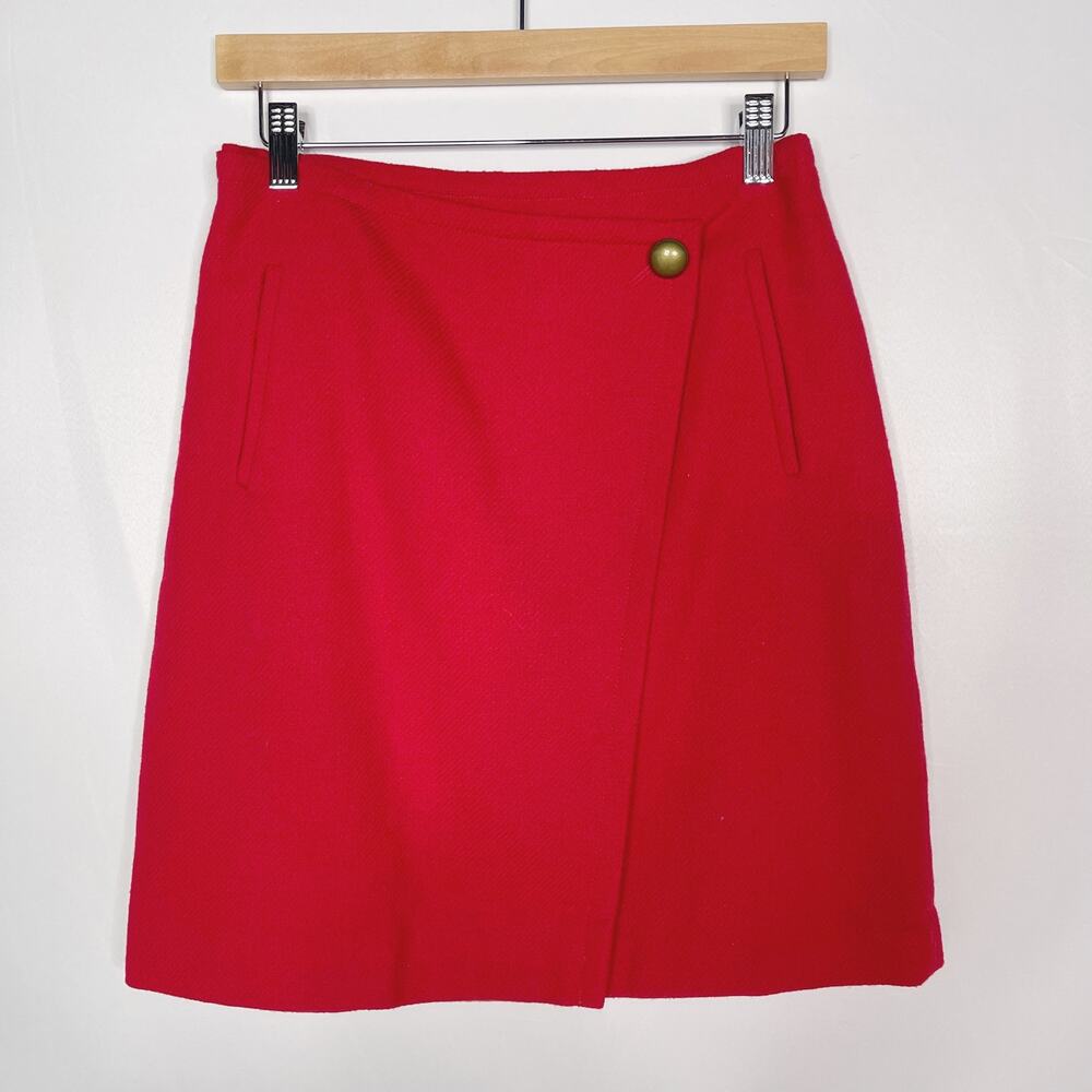 Talbots 2 Red Wool Blend Faux Wrap Mini Skirt Gold Tone Button Side Zipper